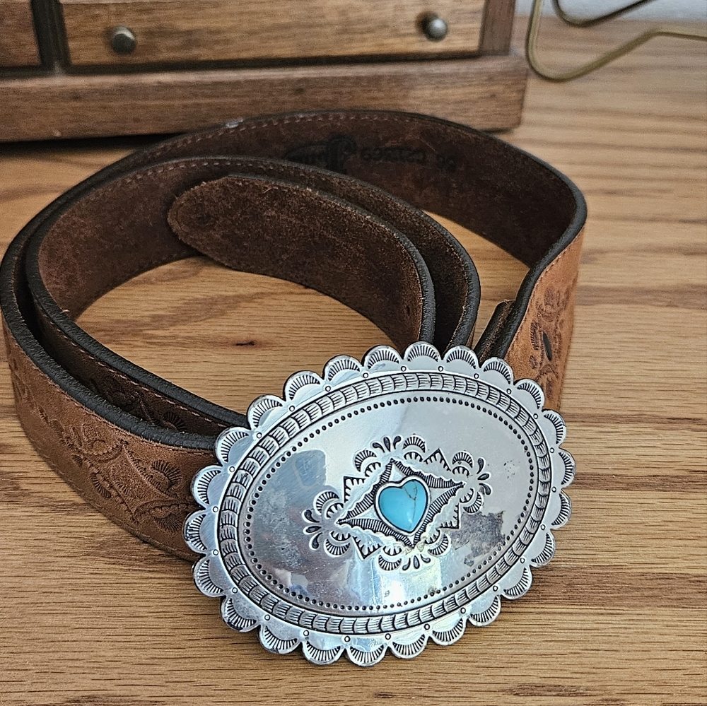 Justin Brown Leather Belt with Silver and Turquoise Buckle